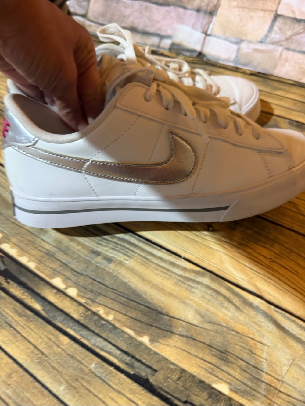 Nike Women's White Sneakers with Metallic Silver Swoosh - Picture 5 of 11